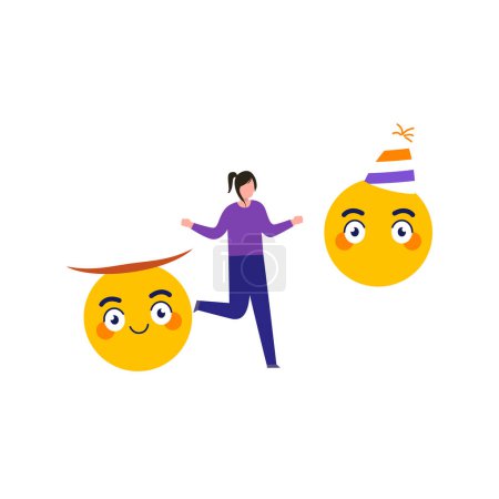Illustration for Girl using party emojis. - Royalty Free Image