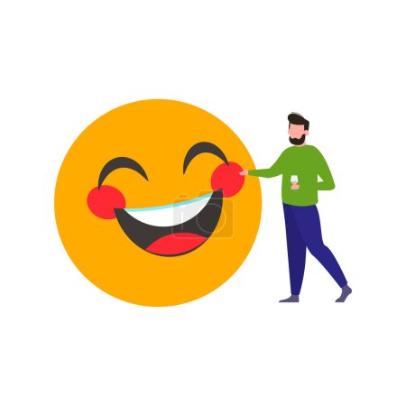 Ilustración de Niño tocando emoji sonriente. - Imagen libre de derechos