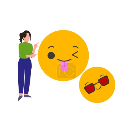 Illustration for Girl pointing at emojis. - Royalty Free Image