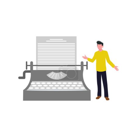 Illustration for Boy standing showing typewriter. - Royalty Free Image