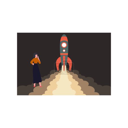 Ilustración de La chica está viendo el lanzamiento de la nave espacial. - Imagen libre de derechos