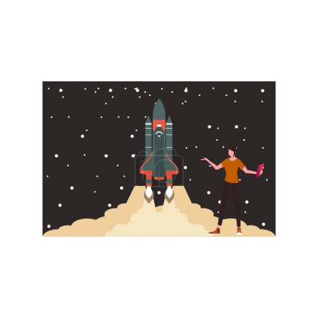 Illustration for The girl launched the spaceship. - Royalty Free Image
