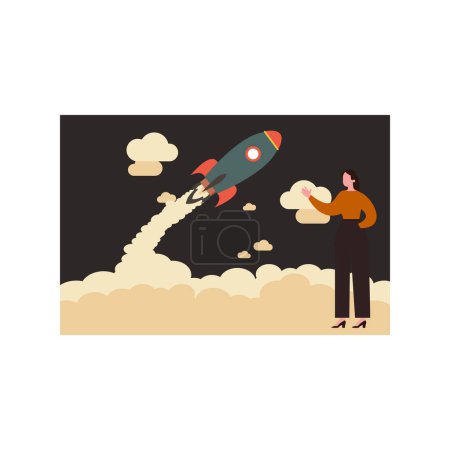 Illustration for The girl is looking at the flying rocket. - Royalty Free Image