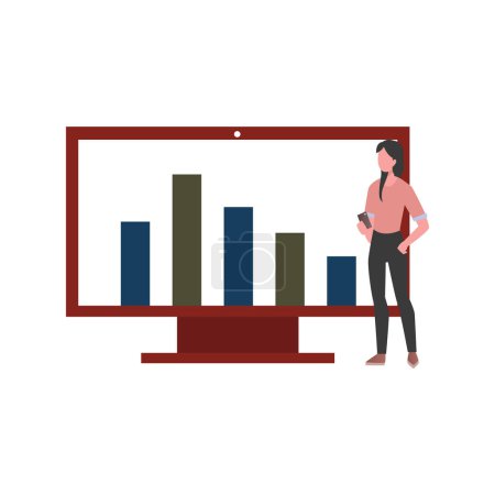 Illustration for The girl is standing next to a graph monitor. - Royalty Free Image