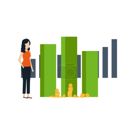 Illustration for The girl is looking at the finance graph. - Royalty Free Image