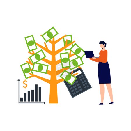 Illustration for The girl is standing by the money tree. - Royalty Free Image