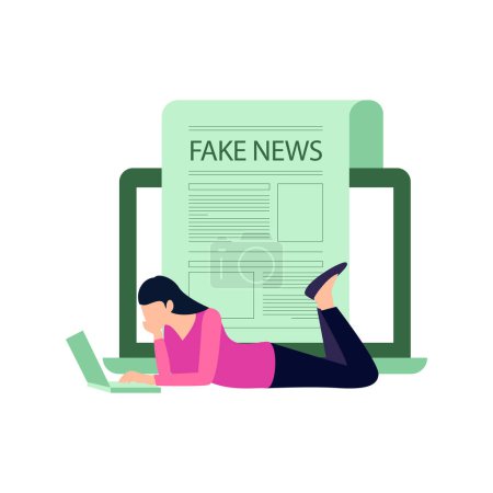 Ilustración de Chica viendo noticias falsas en el ordenador portátil. - Imagen libre de derechos