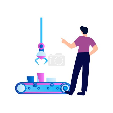 Illustration for A boy watches a production conveyor. - Royalty Free Image