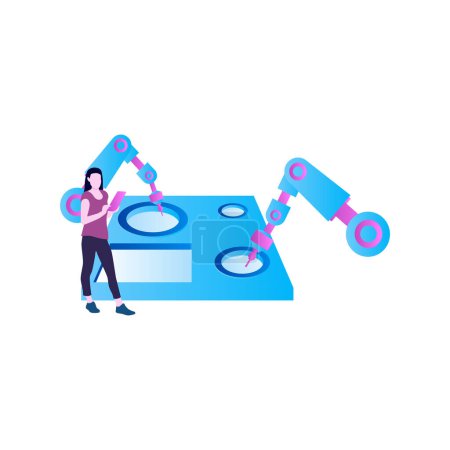 Illustration for The girl is inspecting the working of the machine. - Royalty Free Image