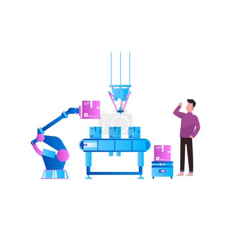 Illustration for A boy stands next to a production conveyor. - Royalty Free Image