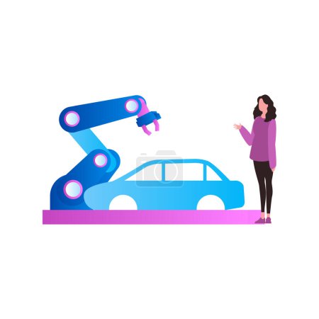 Illustration for Girl watching car manufacturing. - Royalty Free Image