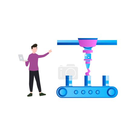 Illustration for Boy standing next to machine with laptop. - Royalty Free Image
