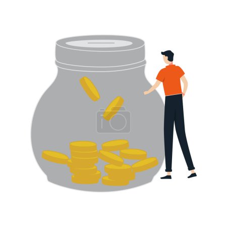 Illustration for The boy is saving money in a jar. - Royalty Free Image