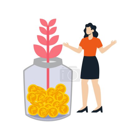 Illustration for The girl is saving money in a jar. - Royalty Free Image