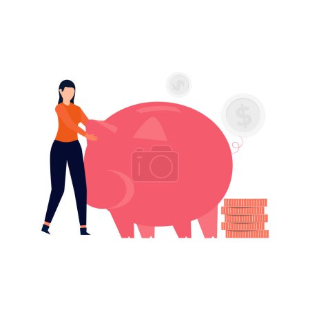 Illustration for The girl is standing next to a piggy bank. - Royalty Free Image