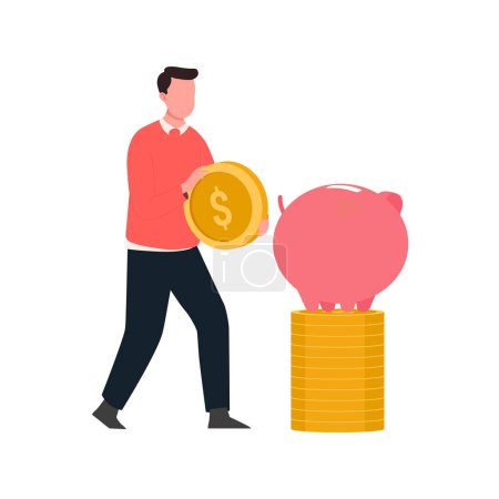 Illustration for A boy is saving money in a piggy bank. - Royalty Free Image