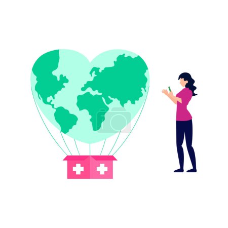 Illustration for The girl is sending medical donations by air. - Royalty Free Image