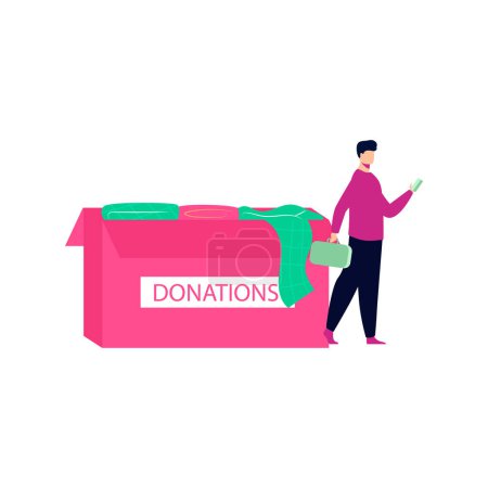 Illustration for A boy is standing near the donation box. - Royalty Free Image