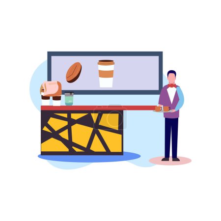 Ilustración de Un camarero lleva una bandeja de café. - Imagen libre de derechos