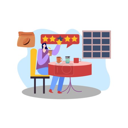 Illustration for The girl is giving the coffee a star rating. - Royalty Free Image