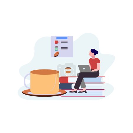 Ilustración de Chica está utilizando el ordenador portátil y beber café. - Imagen libre de derechos
