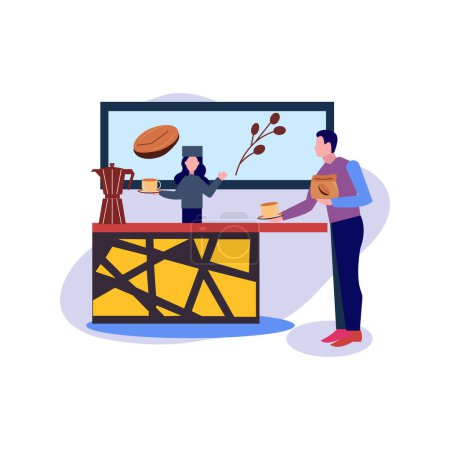 Illustration for The boy is placing the coffee cup on the counter. - Royalty Free Image