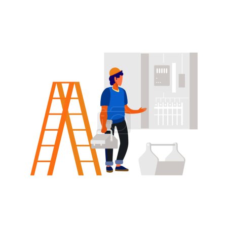 Illustration for Worker looking at construction circuit box. - Royalty Free Image