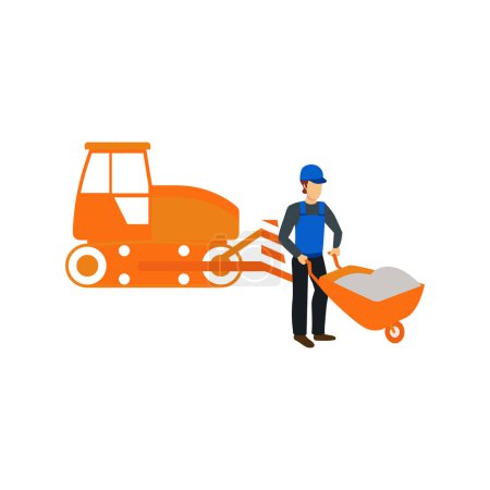 Illustration for A worker carries a wheelbarrow of cement. - Royalty Free Image