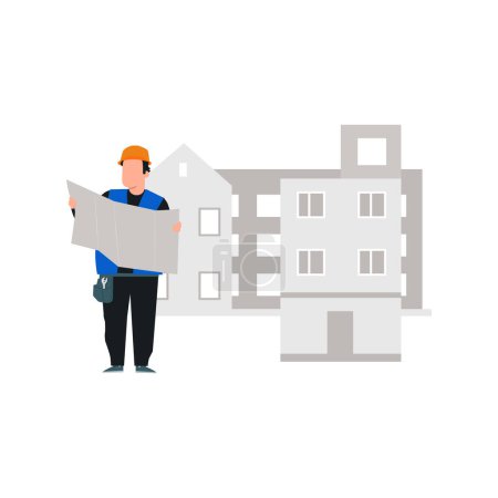 Illustration for A worker looks at the construction design. - Royalty Free Image