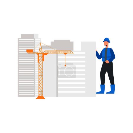 Ilustración de Trabajador mirando el edificio de construcción. - Imagen libre de derechos