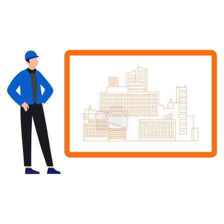 Illustration for Worker looking at construction plan on board. - Royalty Free Image
