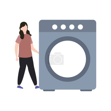 Téléchargez les illustrations : La fille se tient près de la machine à laver. - en licence libre de droit