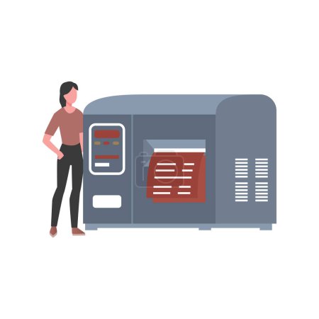 Illustration for A girl stands by a printing machine. - Royalty Free Image