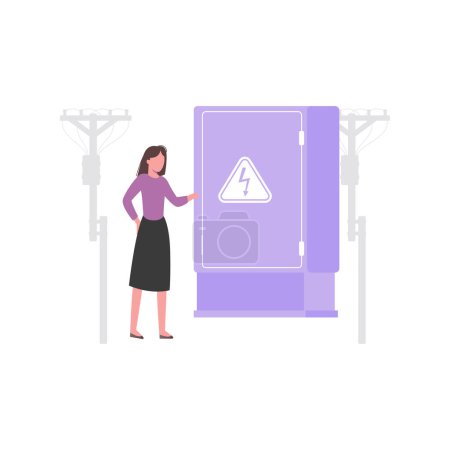 Illustration for The girl is standing next to the circuit breaker. - Royalty Free Image