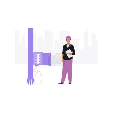 Illustration for The boy is standing by the fuse box. - Royalty Free Image