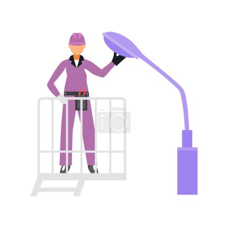 Téléchargez les illustrations : Un électricien répare un réverbère. - en licence libre de droit