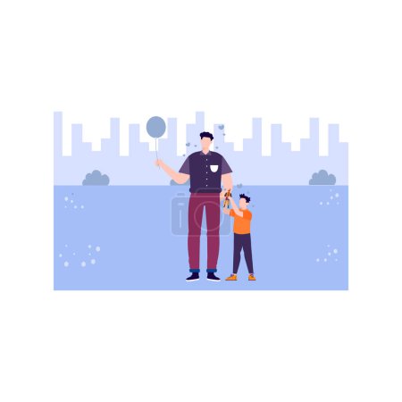 Illustration for Father holding balloon and son playing with toys. - Royalty Free Image