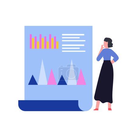 Illustration for The girl is looking at the graph report. - Royalty Free Image