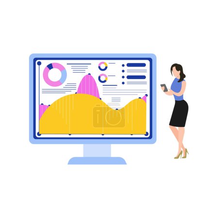 Illustration for The girl is working on chart analytics. - Royalty Free Image