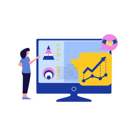 Illustration for Girl looking at business graph on monitor. - Royalty Free Image