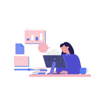 Ilustración de La chica está trabajando en su computadora.. - Imagen libre de derechos