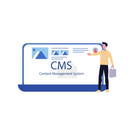 Ilustración de Muchacho mostrando sistema CMS en el ordenador portátil. - Imagen libre de derechos