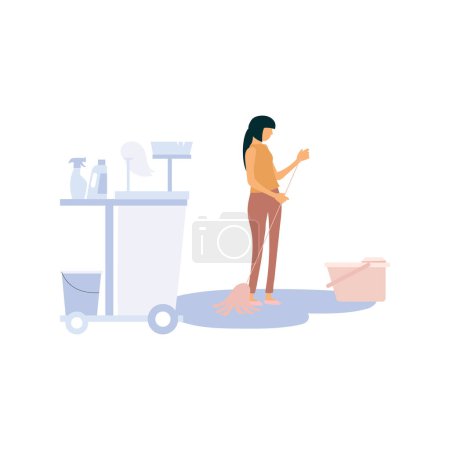 Illustration for The girl is cleaning the floor with a mop. - Royalty Free Image