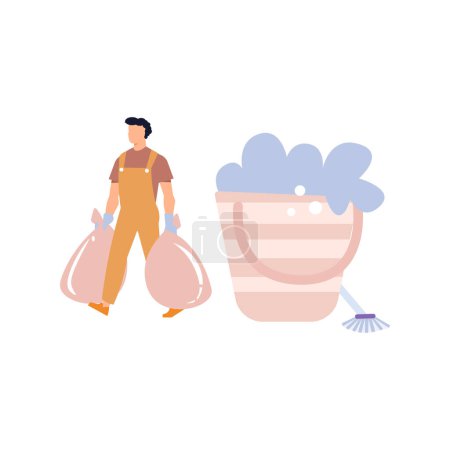 Téléchargez les illustrations : La femme de ménage porte des sacs poubelles. - en licence libre de droit