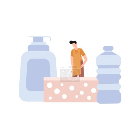 Téléchargez les illustrations : Ménagère se tient avec des fournitures de nettoyage. - en licence libre de droit