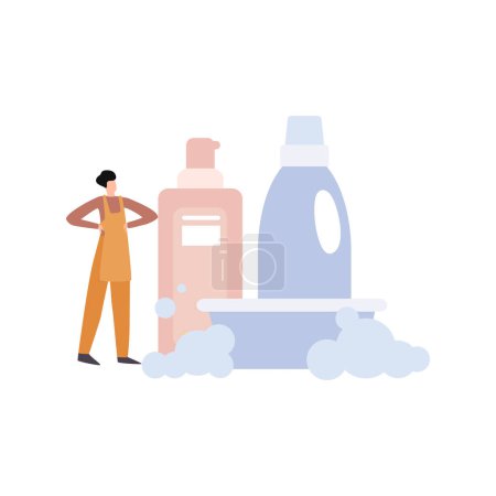 Illustration for Girl standing with cleaning products. - Royalty Free Image