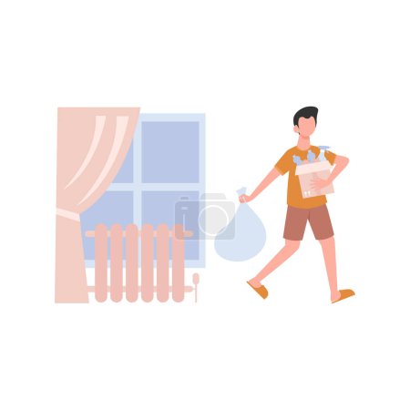 Illustration for The boy is carrying a trash bag. - Royalty Free Image