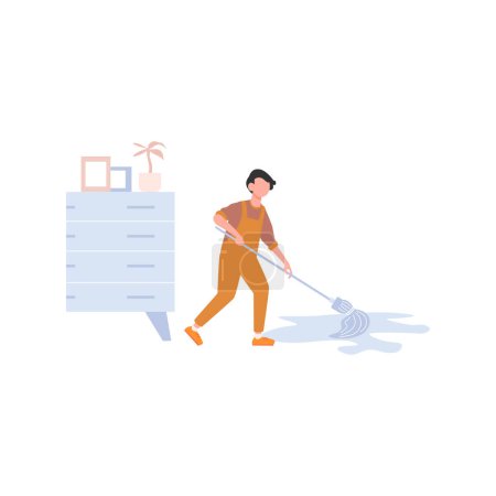 Illustration for A boy is cleaning the floor with a mop. - Royalty Free Image