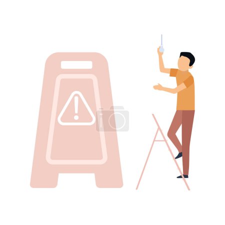 Illustration for The boy is putting up a warning board. - Royalty Free Image