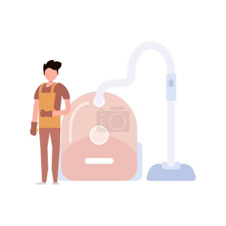 Illustration for The boy stands next to the vacuum cleaner. - Royalty Free Image
